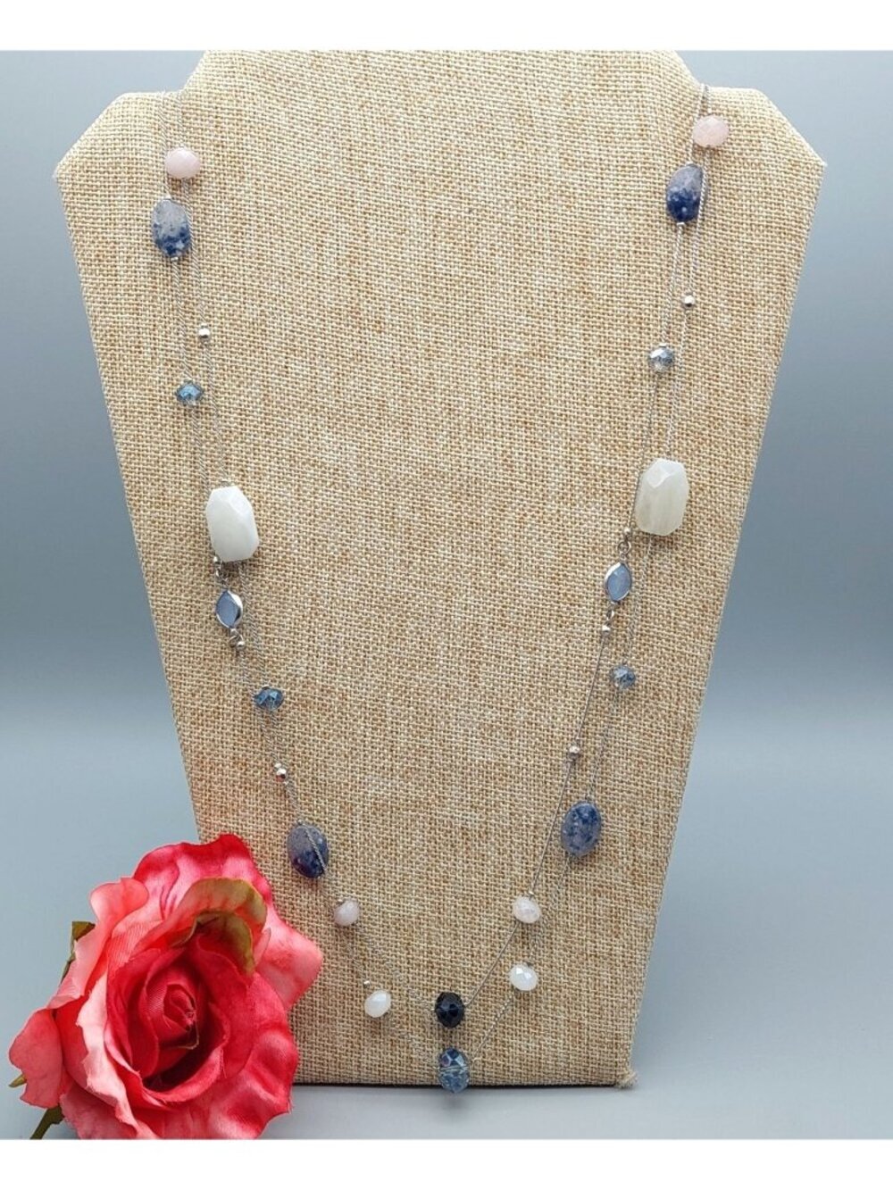 LOFT Silver Tone Blue & Pink Glass Bead Double Strand Station Necklace 35" Long
